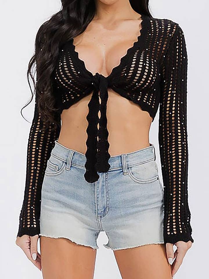 SOLID KNIT PEARL DETAIL TIE FRONT CROP TOP for wholesale by ROUSSEAU