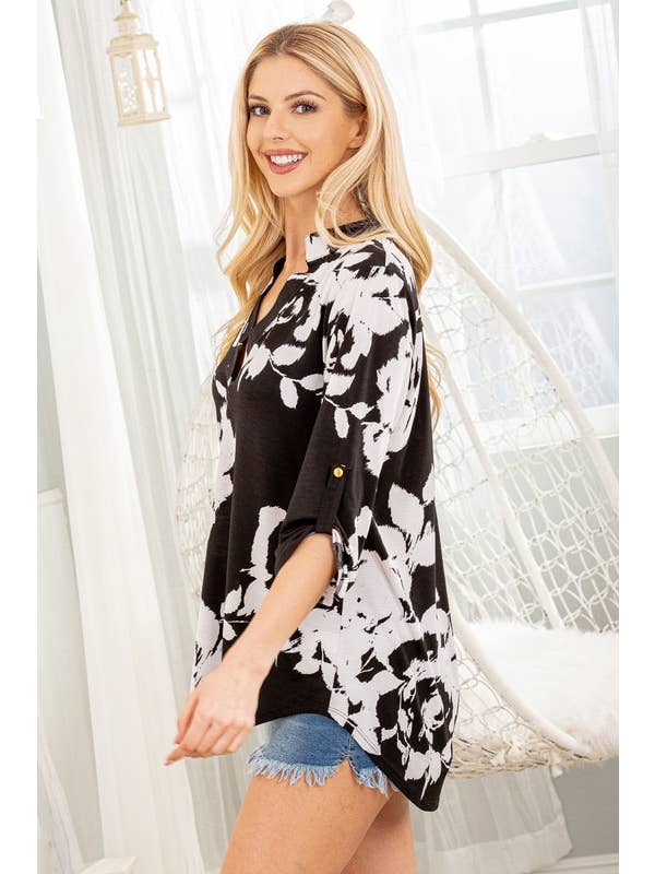 HEIMISH – wholesale Tunic – Women’s – ST1002-67 3/4 BUTTON SLEEVE MANDARIN COLLAR NECK FLORAL TOP9