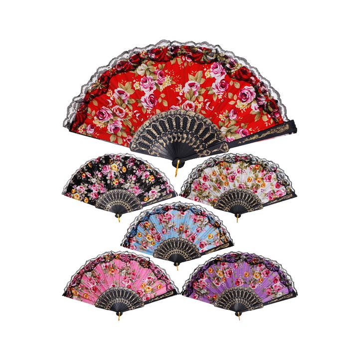 Cap Zone - Wholesale Handheld Folding Fan - Peony Floral Lace Trim Hand-Held Folding Fan