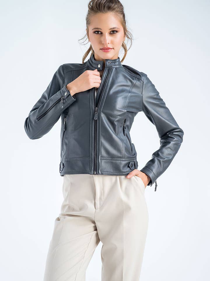 Gray Genuine Cropped Leather Jacket for wholesale by Buy Me Fur