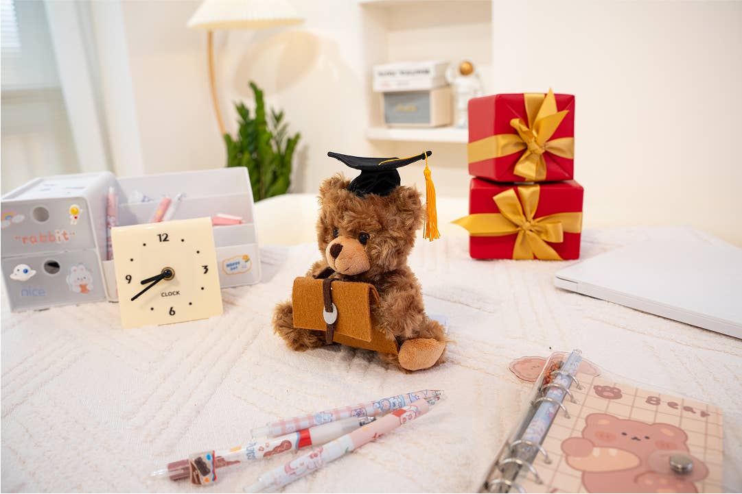 Plushland - Wholesale Stuffed/Plush Toy - Kids & Baby - 6″ Graduation Mocha Bear Plush with Graduates Cap & Suitcase6