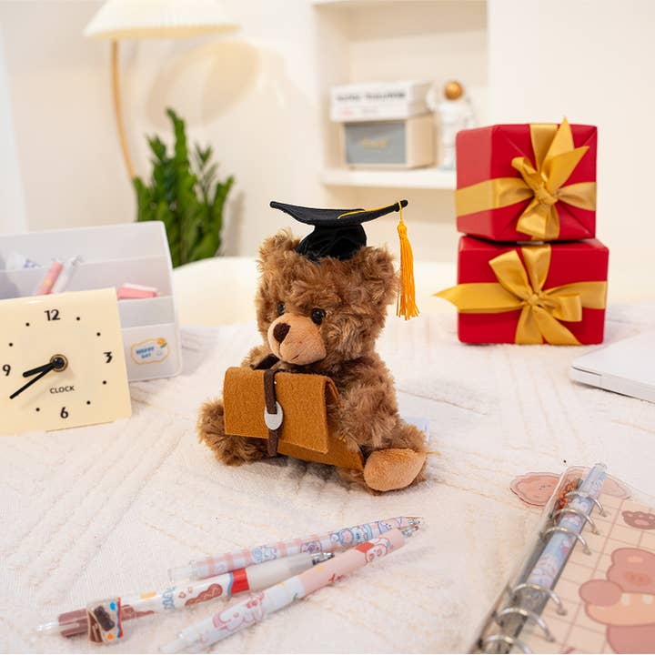 Plushland - Wholesale Stuffed/Plush Toy - Kids & Baby - 6″ Graduation Mocha Bear Plush with Graduates Cap & Suitcase6