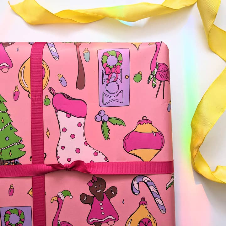 Mary Felker Art and Design - Wholesale Flat Wrap - Flamingo Pink Christmas Wrapping Paper, Colorful Gift Wrap