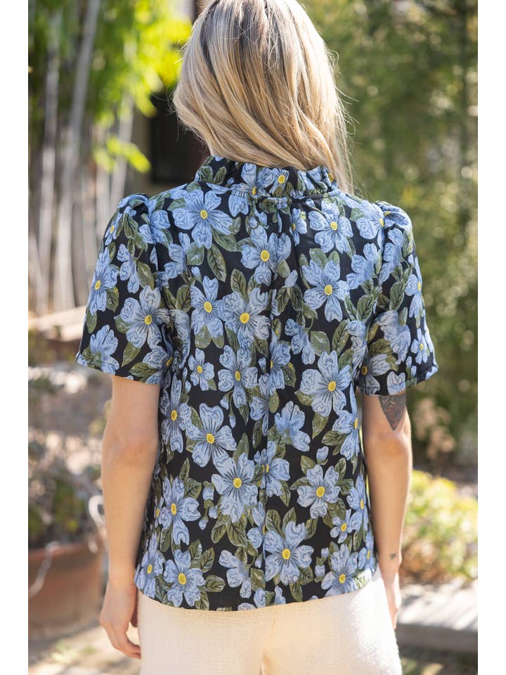 Blue 35286 Floral Jaquard Ruffle V Neck Top for wholesale on Faire