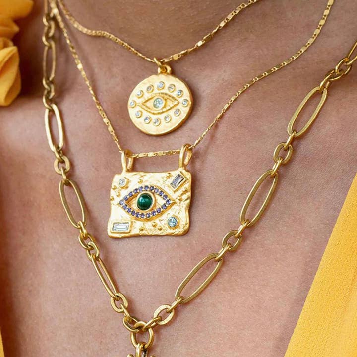 HoopLa - Wholesale Pendant/Charm Necklace - Evil Eye Protection Medallion Talisman 14K Gold Crystal Neck