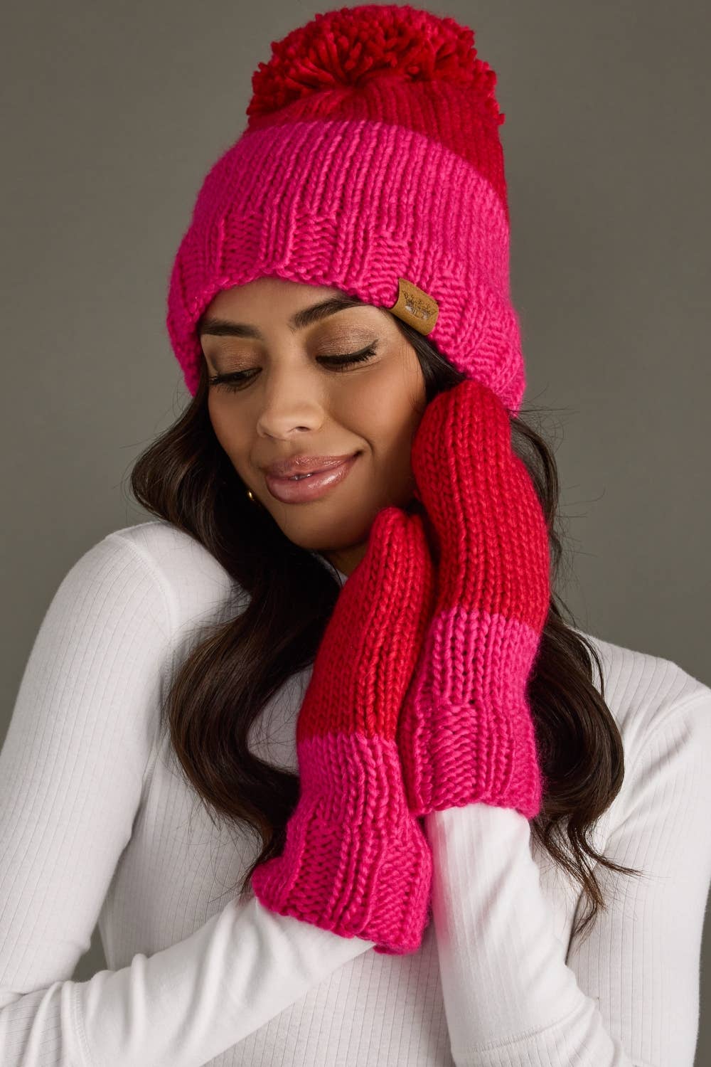 Panache Apparel Co. - Wholesale Beanie - Women's - Red & Pink Color Block Pom Hat5