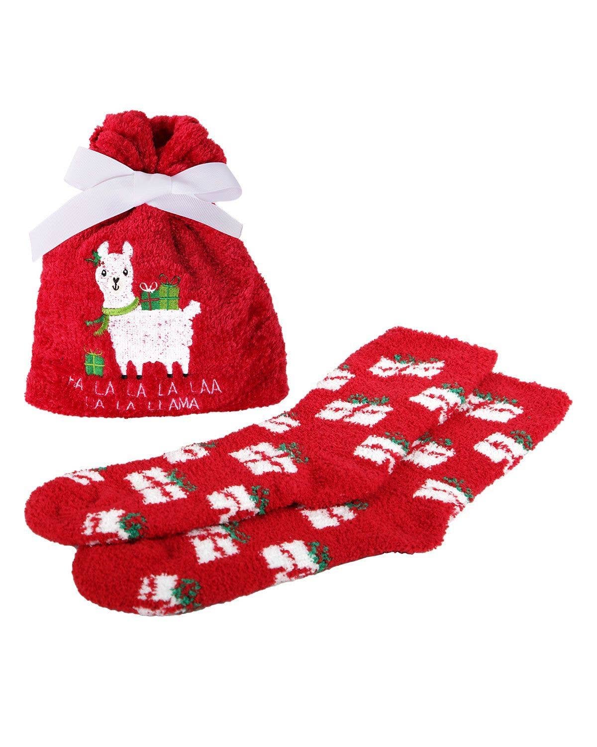 Red MeMoi Fa La La Llama Cozy Sock & Gift Bag Set for wholesale on Faire