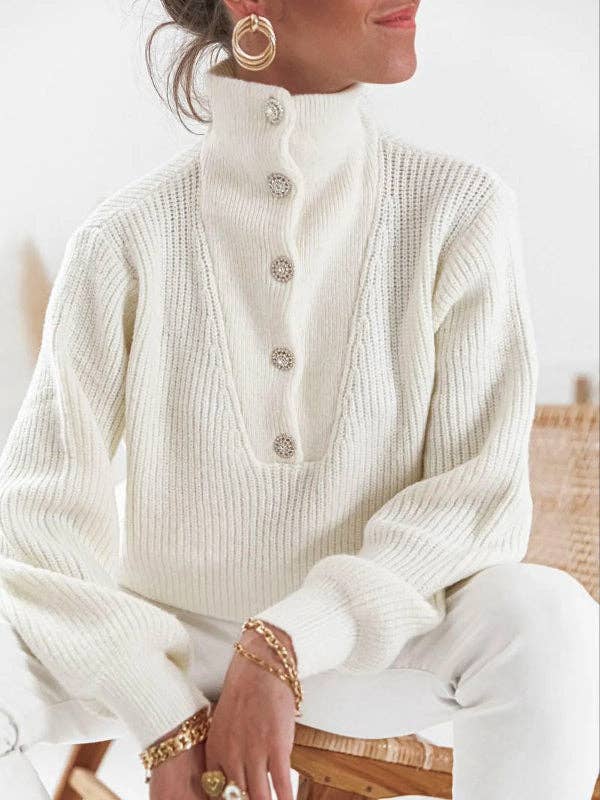 WHITE Long Sleeves Buttoned Solid Color High-Neck Sweater for wholesale on Faire