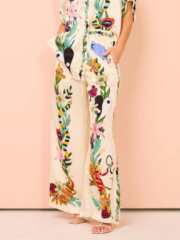 APRICOT Half Sleeves Loose Buttoned Flower Print Pockets Lapel T-Shirt Top + Drawstring Elasticity Pants Bottom Two Pieces Set for wholesale on Faire4