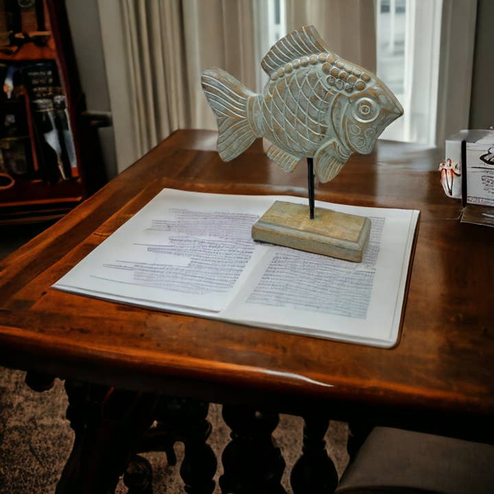 "Fish Tales" Dana Damsel Fish Carved Wood Sculpture on Stand for wholesale by Wilco Home