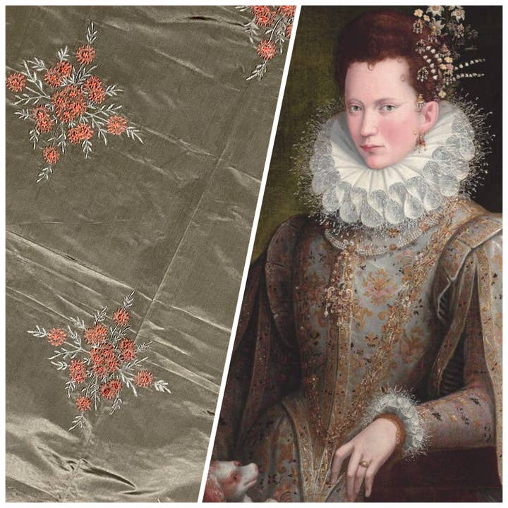 NEW! Queen Gigi 100% Silk Taffeta Embroidered Floral Fabric - Grey with Coral Flowers for wholesale by Fancy Styles Fabric