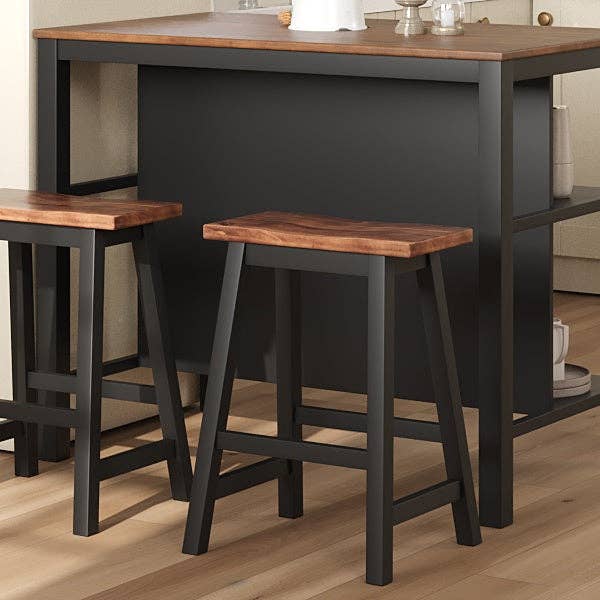 Orange County Decor - Wholesale Kitchen Storage/Organizer - Solid Wood Rustic 3 Piece 45" Stationary Kitchen Island Set With 2 Seatings, Rubber Wood Butcher Block Dining Table Set Prep Table Set With 2 Open Shelves For Small Places,Walnut Black Wood Wood