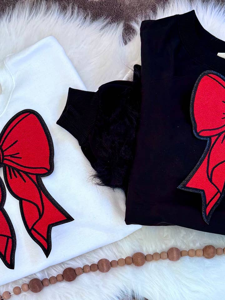 Red Bow Patch, Christmas Patches, Black Glitter Backing, Iron On, DIY, Bow Patch for wholesale by sequinandstiches