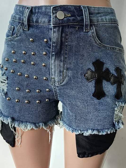 BLUE beaded distressed shorts for wholesale on Faire1