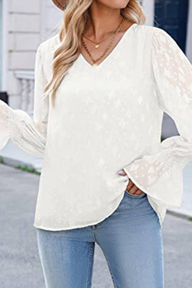 UNISHE - Wholesale Blouse - Women's - V Neck Lace Sheer Flare Sleeves Blouse AXR00516