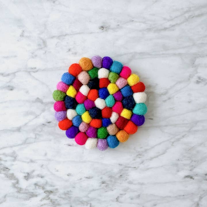 Ganapati - Wholesale Coasters - Felt Ball Rainbow Round Cup Coasters - Set of 44
