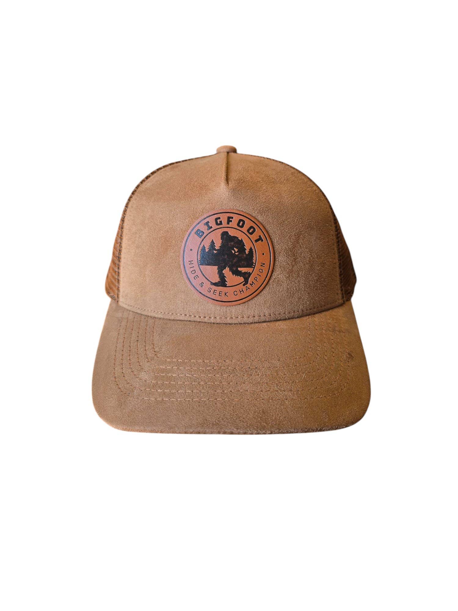 PNW Apparel – wholesale Trucker hat – Unisex – Sasquatch Leather Patch 5-Panel Trucker Hat – Unique Cap