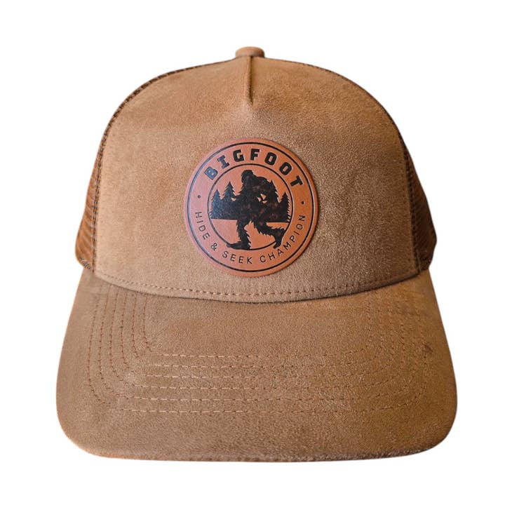 PNW Apparel – wholesale Trucker hat – Unisex – Sasquatch Leather Patch 5-Panel Trucker Hat – Unique Cap0