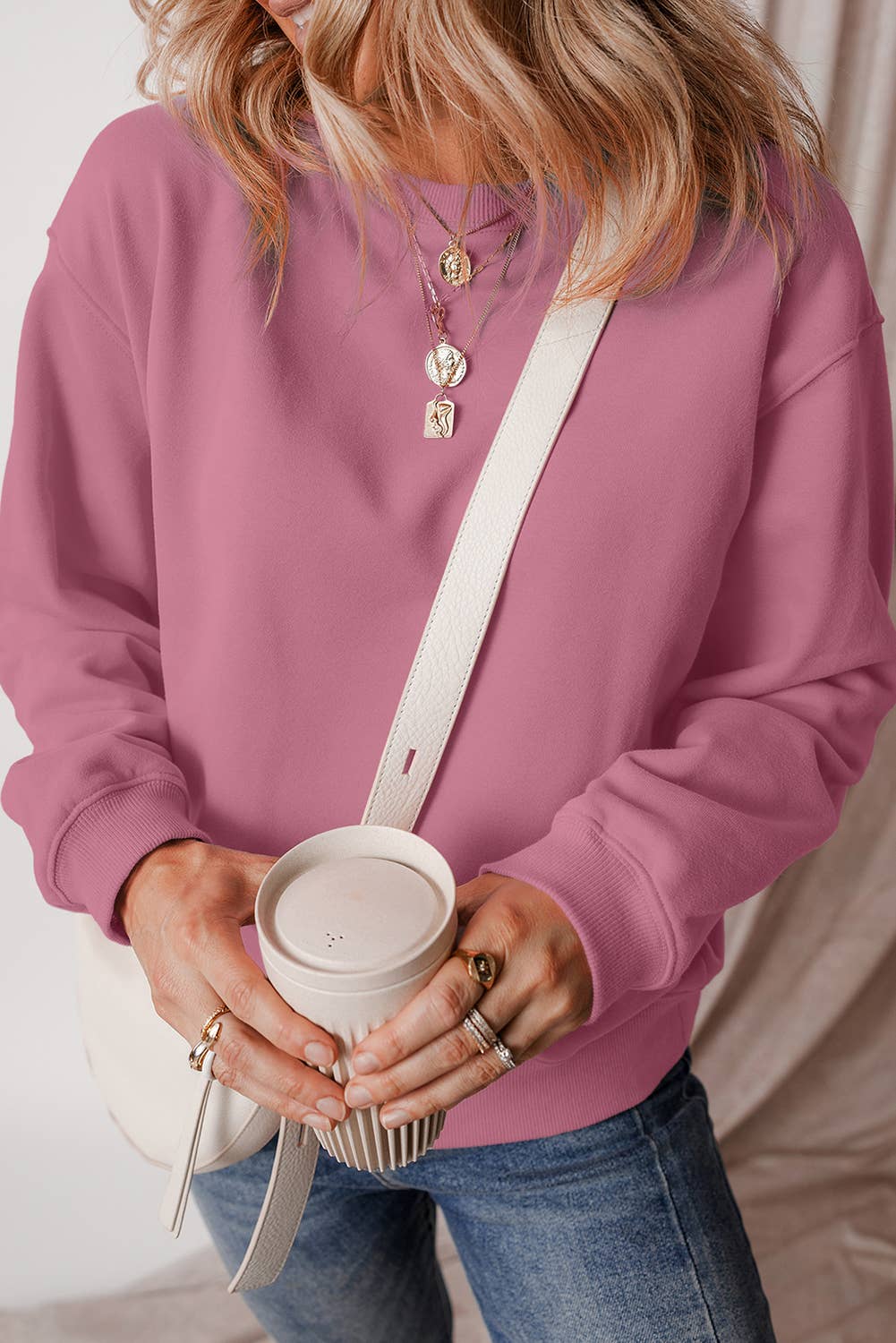 1 the Woman - Wholesale Sweatshirt - Women's - Solid Fleece Lined Drop Shoulder Terry Sweatshirt 10 Colors8