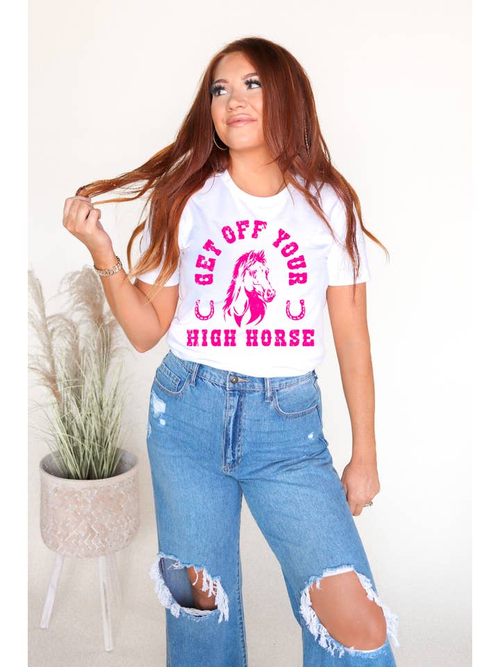Ali Dee - Wholesale Screen Printed T-Shirt - Women's - Get Off Your High Horse Western Graphic Tee - White