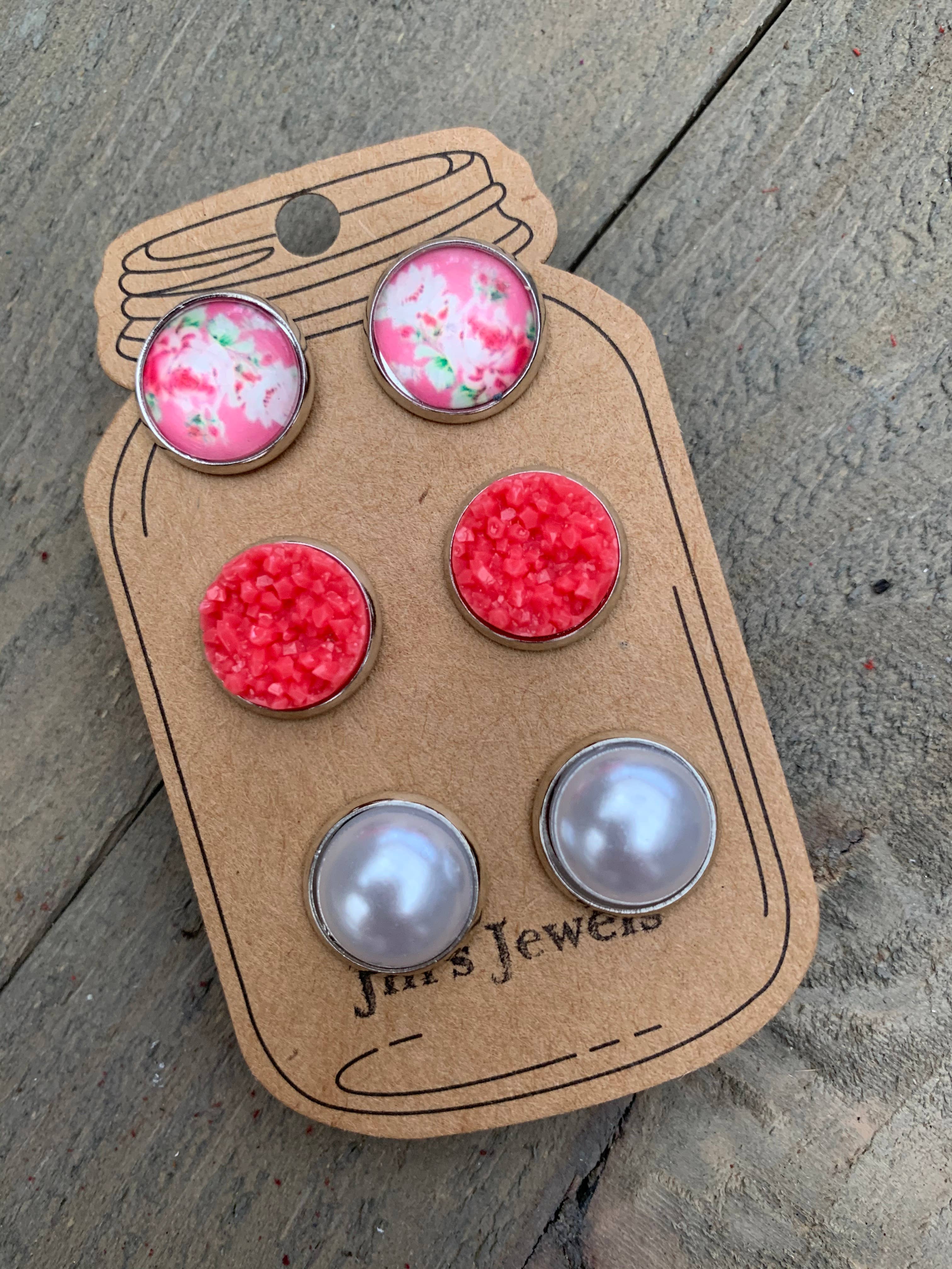 Jill's Jewels - Wholesale Jewelry Set - Coral and Pearl Floral Triple Faux Druzy 3 Earring Set0