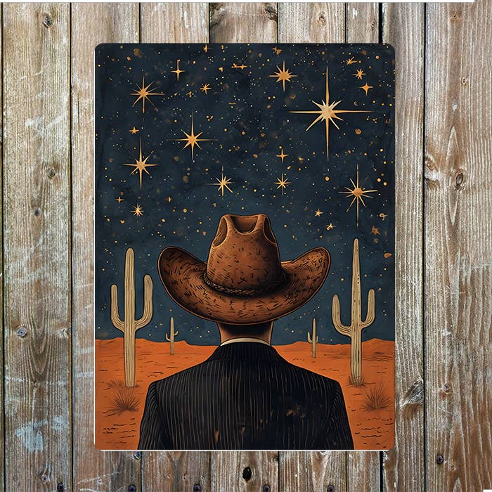 Desert Night Stars Cacti Cowboy Western Metal Sign Plaque for wholesale by The British Metal Signs Company