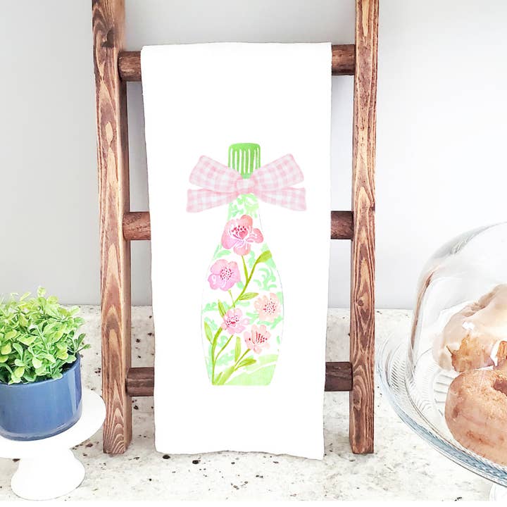 Girly Champagne Bottle Tea Towel for wholesale by The Panicked Pelican