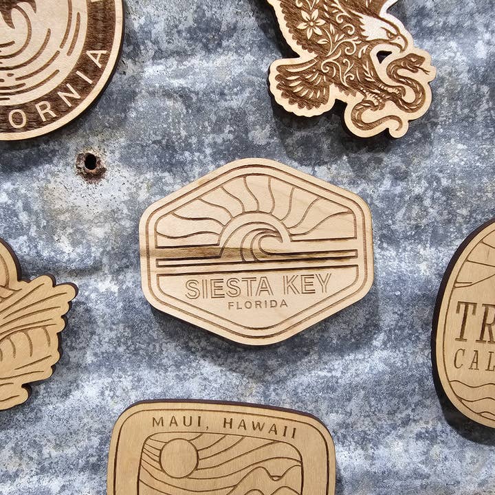 Custom State/Town Sun Wave Wood Magnet for wholesale by Black Sheep Design & Gift
