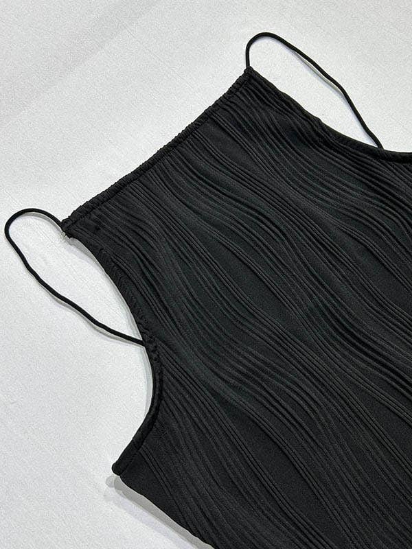Chicto - Wholesale Dress - Women's - Skinny Sleeveless Pleated Solid Color Split-Back Spaghetti-Neck Maxi Dresses16
