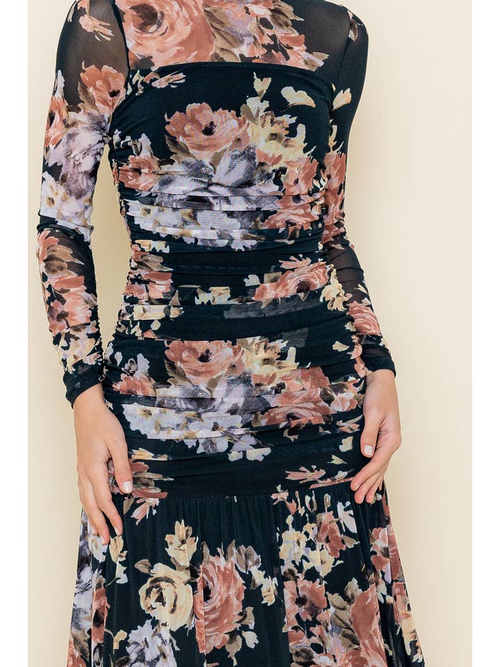 BLACK MULTI FLORAL MESH SIDE SEAM GATHERED MAXI DRESS-DC8836FO for wholesale on Faire