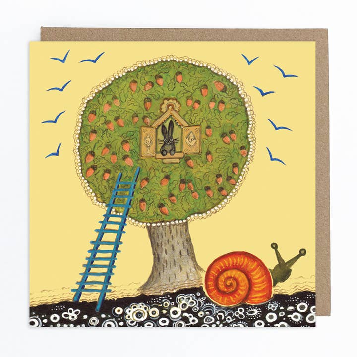 Hare in the Oak Tree and Giant Snail Greeting Card for wholesale by Kapelki Art