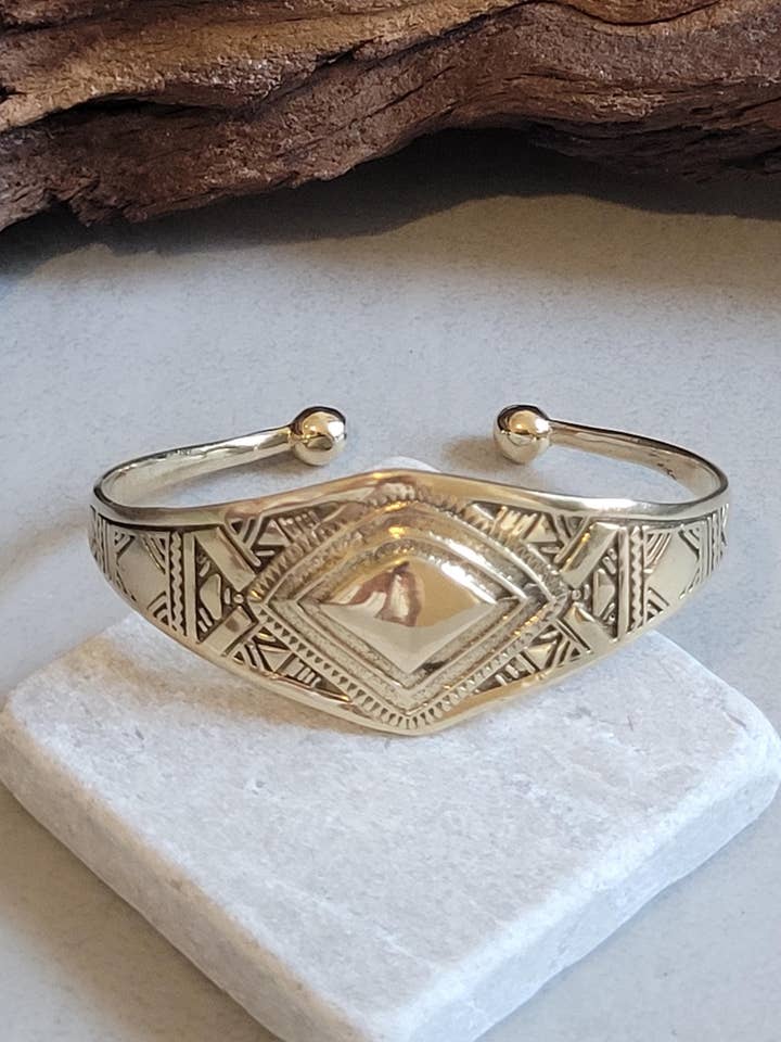 Gold-Detailed Brass Cuff Bracelet with Tribal Patterns for wholesale by Laboheme