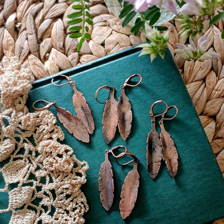 Rustic Copper Feather Earrings for wholesale by Little Wander Shop