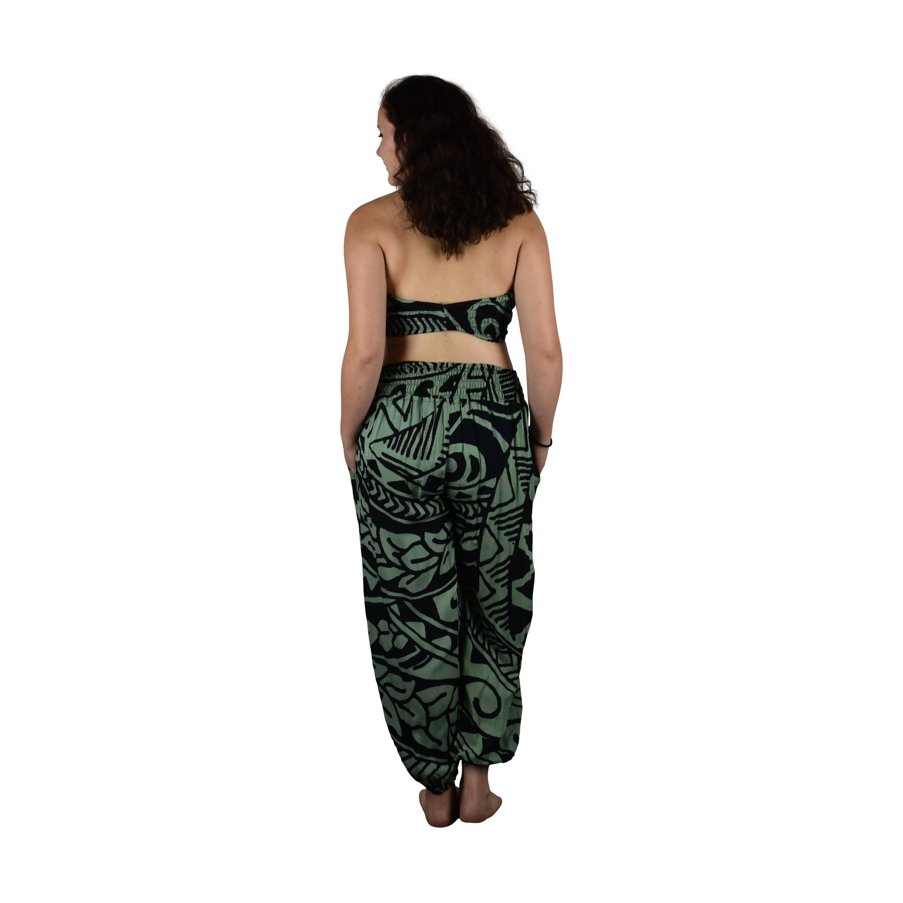 Island Style Clothing Co by Akamai Distribution Ltd - Wholesale Top & Pant Set (NOT Loungewear) - Women's - Pant Set Black Green Tribal with Bandeau and Scrunchie OS1