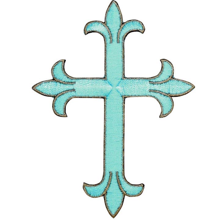 Kruis - Turkooisblauw met Bruine Omtrek - 4" - Opstrijkembleem voor wholesale door Wholesale Applique