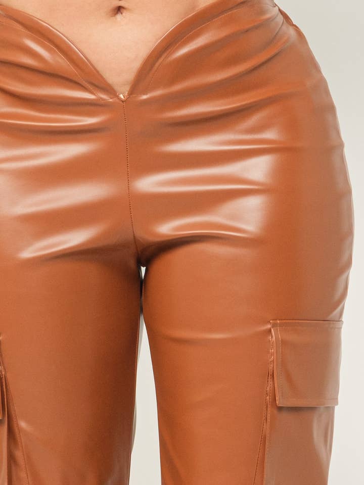 Julia by LoveJ - Wholesale Pants - Women's - Leather Front V-Cut Side Flap Pocket Cargo Pants