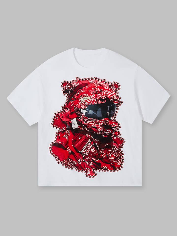 NOISSEY - Venta al por mayor Camiseta serigrafiada - Unisex - Camiseta con mascarilla de collage rojo roto
