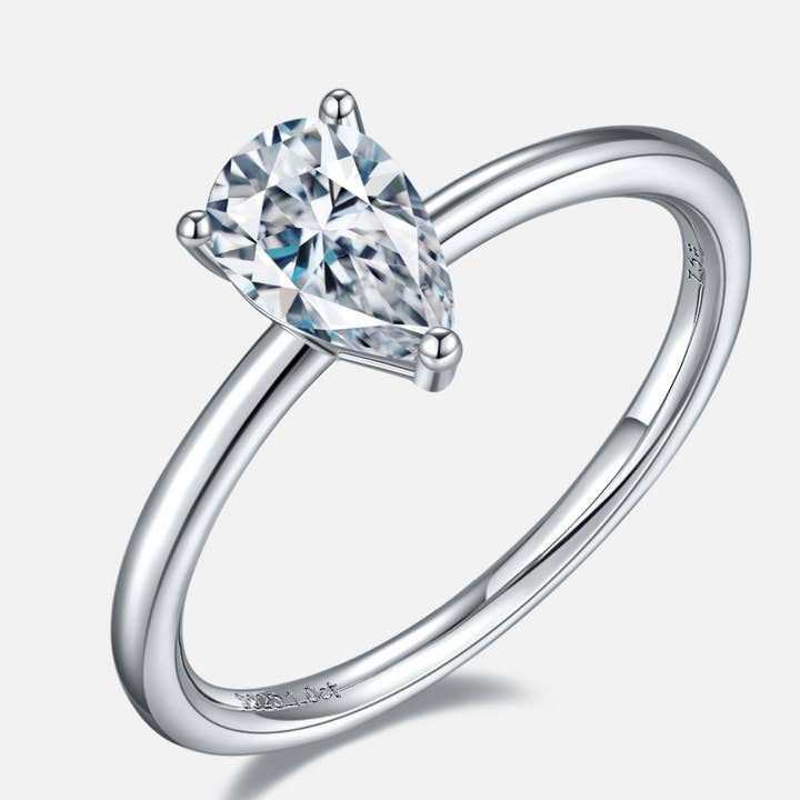1 Carat Tear-Drop Moissanite Shaped Solitaire Engagement Ring in Platinum Plated Silver (Pear Shape, Certified, 5x5 MM) for wholesale by TwoBirch