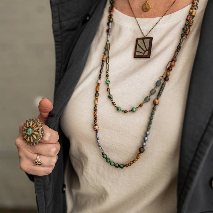 Here comes the Sun Walnut and Concrete Boho Necklace for wholesale by Red Shed Designs