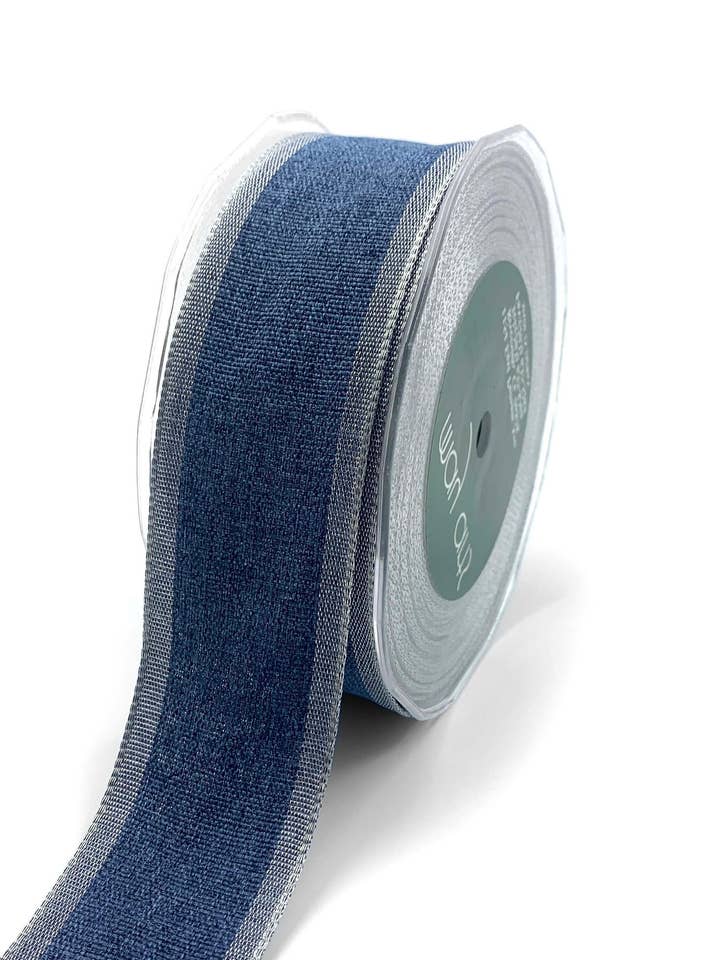 1.5" Blue Woven Chambray Lined Metallic Silver Edge Ribbon for wholesale by May Arts Ribbon