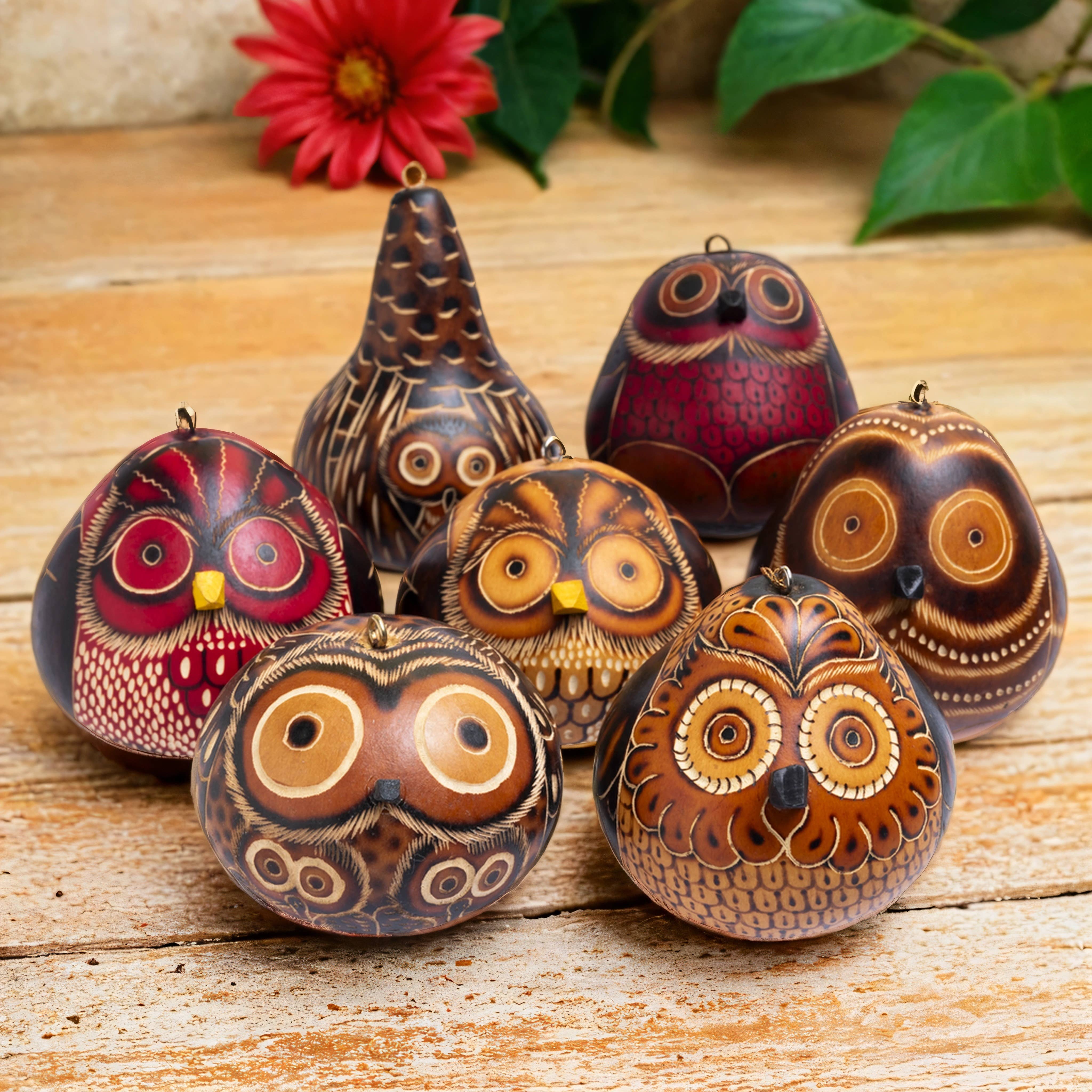 Lucuma Designs - Wholesale Ornament - Owls Mix - Gourd Ornament - Artist Made6
