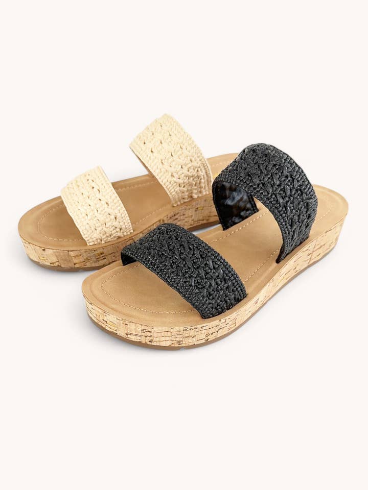 CCOCCI - Wholesale Sandals - Women's - RUSTIC-46 RAFFIA WOVEN BOLD DOUBLE STRAP SANDALS