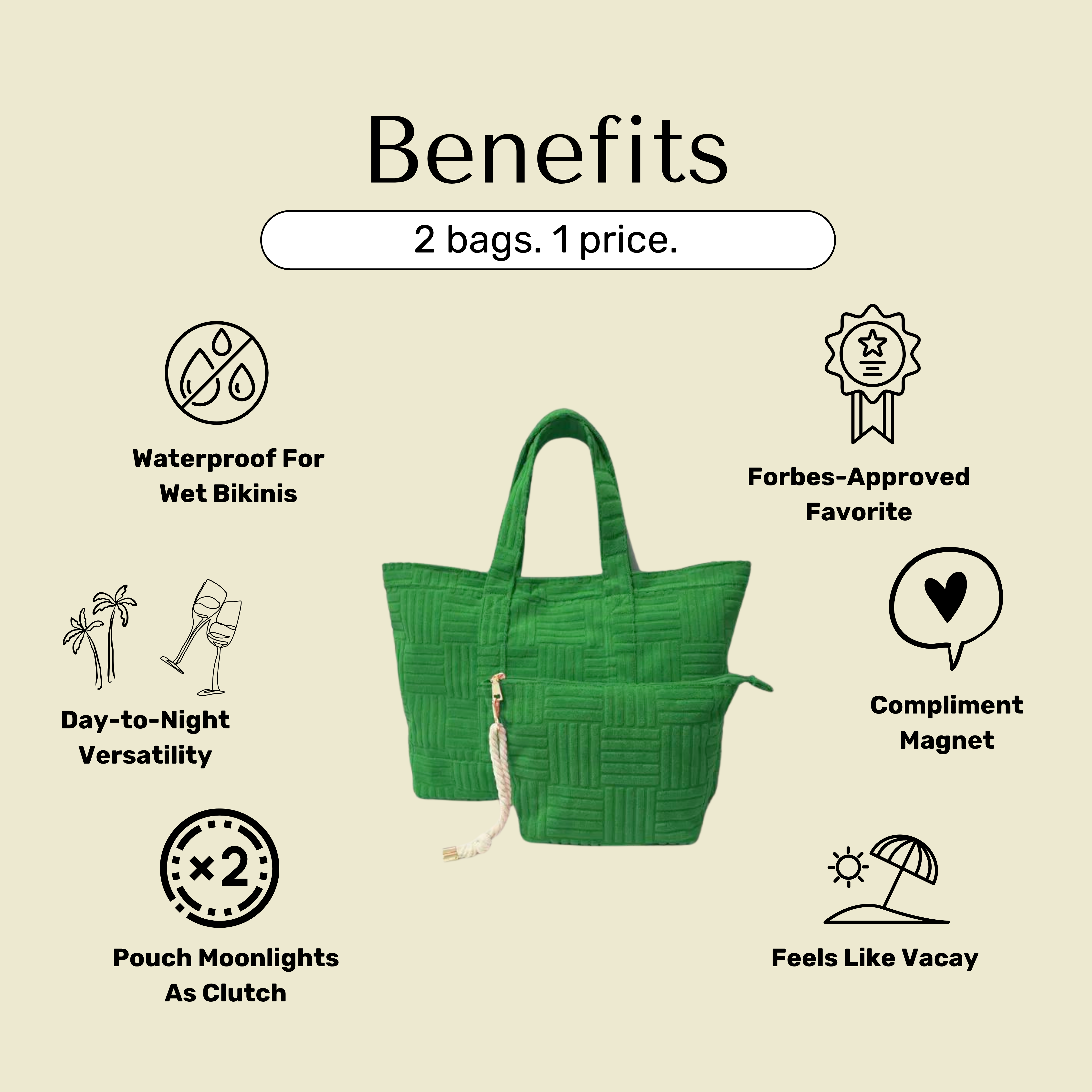 Bette - Wholesale Tote Bag - Women's - Lima Green Terry Weekender Set with Waterproof Clutch4