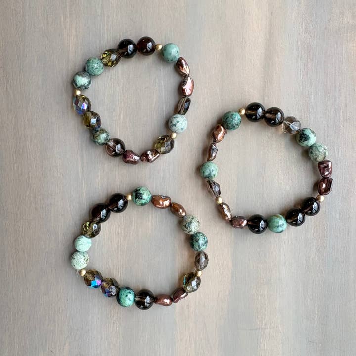 Turquoise, Freshwater Pearl, and Smoky Quartz Stretch Bracelet for wholesale by Twist Style