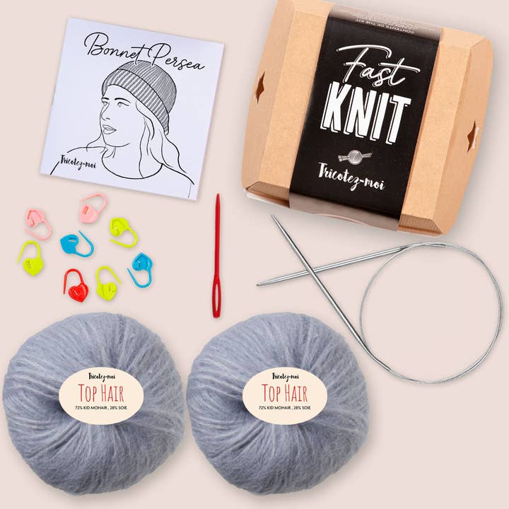 Cappello Persea - scatola pronta per essere lavorata a maglia - Colore blu ghiaccio per la vendita all'ingrosso da parte di Tricotez-moi