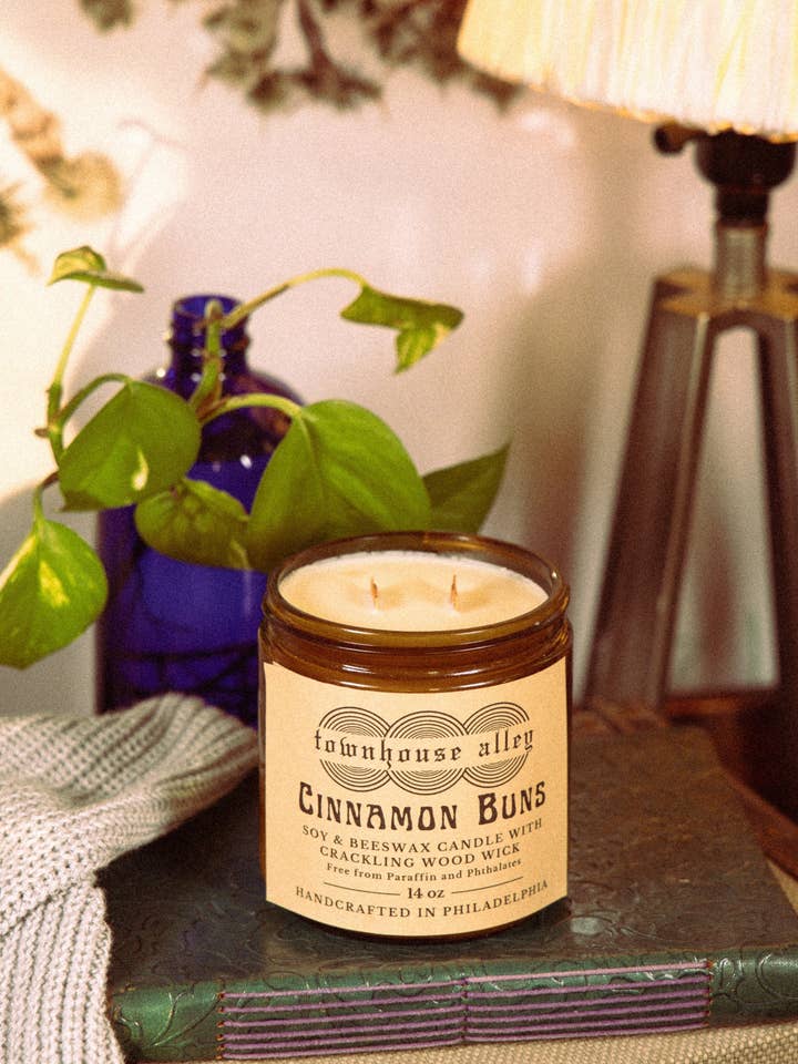 Cinnamon Buns Soy & Beeswax Candle With Crackling Wood Wick for wholesale by Townhouse Alley