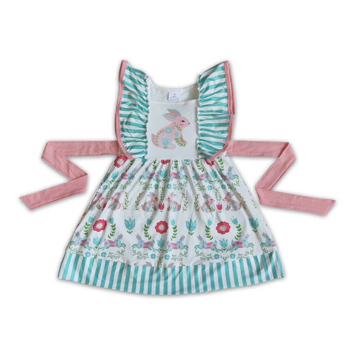 Bunny print flutter sleeve belt baby girls easter dresses for wholesale by Yawoo Garments