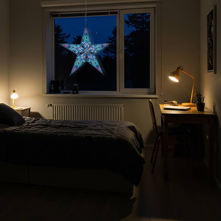 Artschatz LLC - Wholesale Paper Lantern/Lamp - Phoenix ~ 5 Pointer, 24 inch, Blue Paper Star Lantern Light