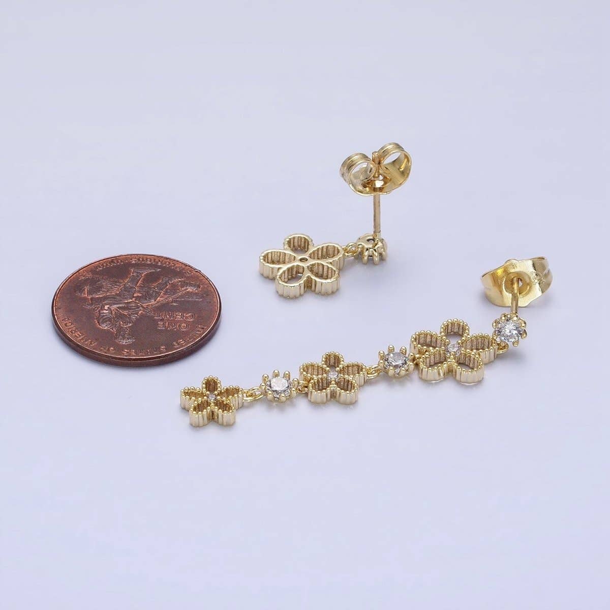 Aim Eternal - Wholesale Jewellery set - 14K Gold Filled Beaded Flower Clear CZ Linear Drop Stud Earrings Set | AD14673