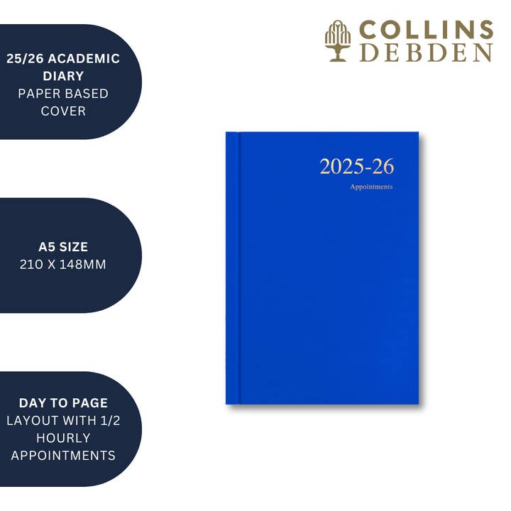 Collins Debden - Vente Agendas - Essentiels - Agenda Planificateur Année Scolaire/Milieu de l'Année A5 Jour par Page avec Rendez-vous, Juillet 2025 - Juillet 20269